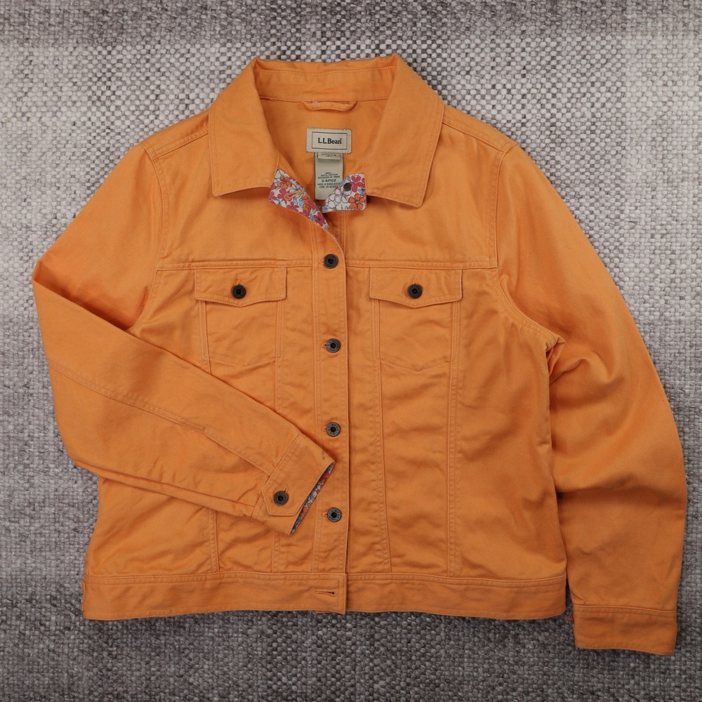 LL Bean Women Orange Cotton Trucker Jacket Floral Trim Size L 0APU2